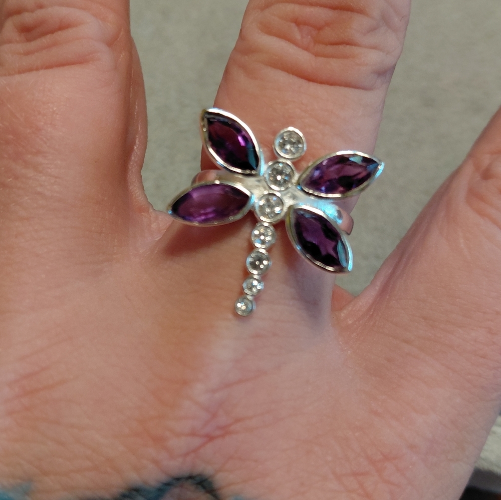 Amethyst And CZ Sterling Silver Dragonfly Ring - Picture 3 of 9